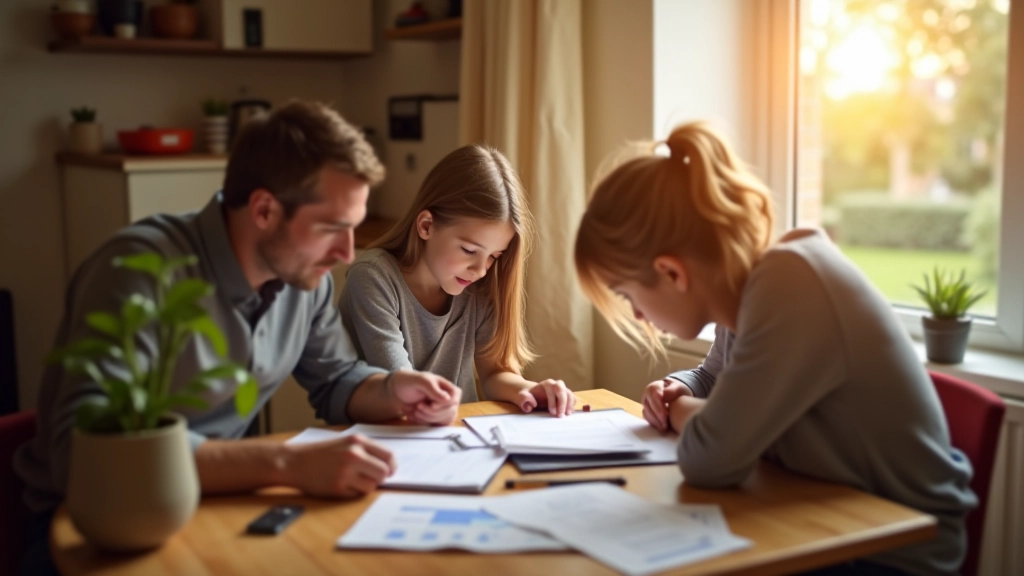 Famille examinant un relevé bancaire à la table de la cuisine avec tasse de café