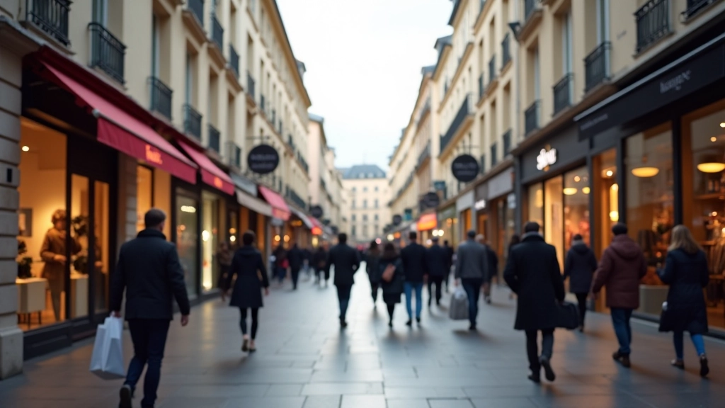 Vue d'une rue commerçante avec vitrines et enseignes, période de soldes avec pancartes de réduction