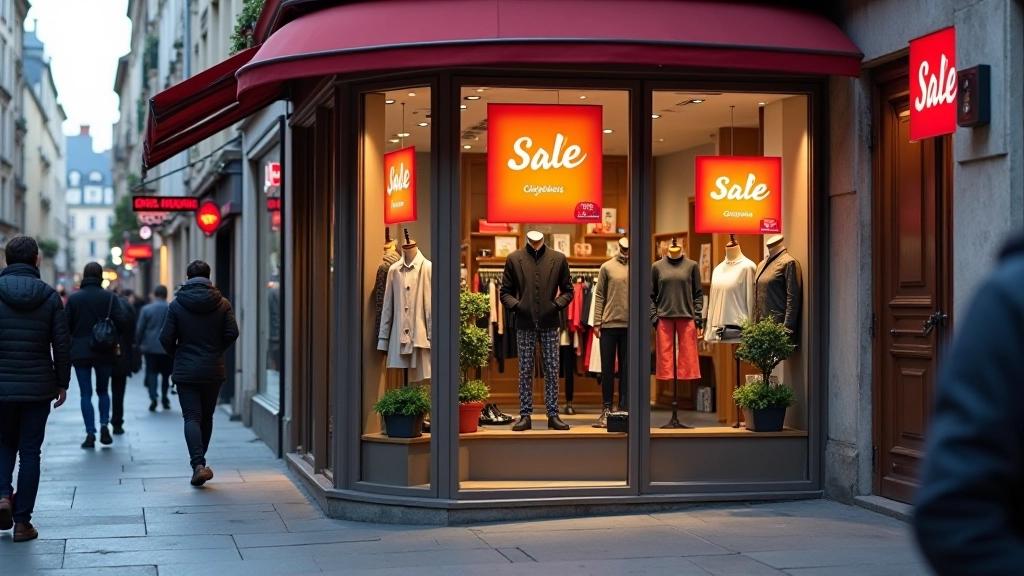 Magasin de détail français avec vitrines pendant les soldes rentrée et affichage des prix
