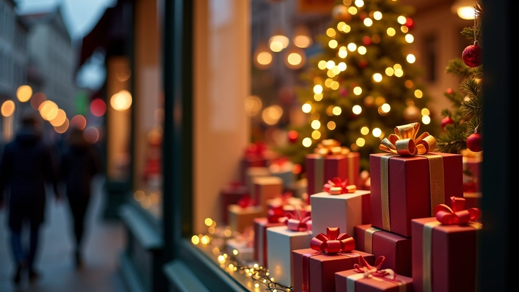 Vitrine de magasin décorée pour les fêtes de fin d'année avec sapins, guirlandes et étalage de cadeaux