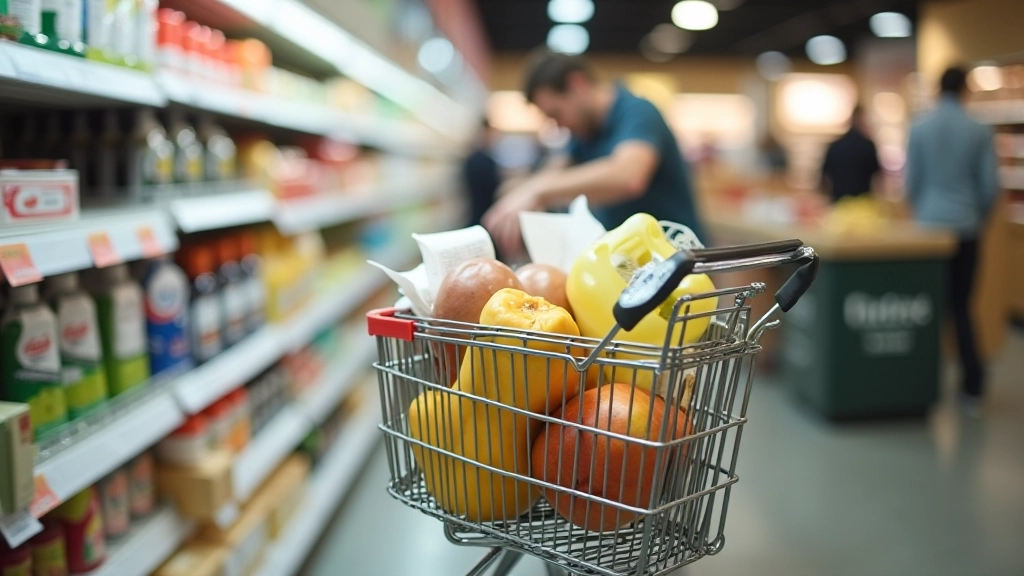 Panier de courses au supermarché avec étiquettes de prix visibles et reçus de caisse
